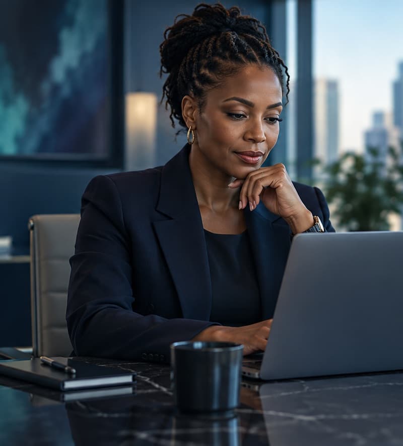 An advisor working through a report on a laptop