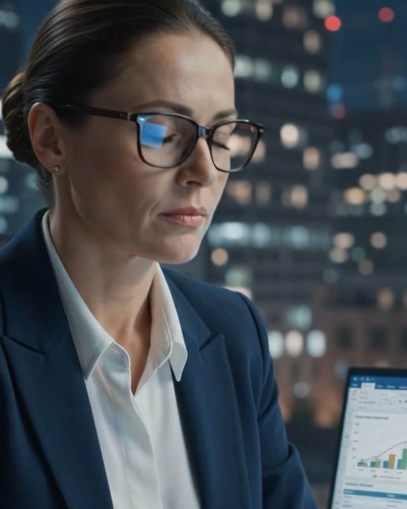 A compliance officer reading a report, a dashboard open on the screen beside her