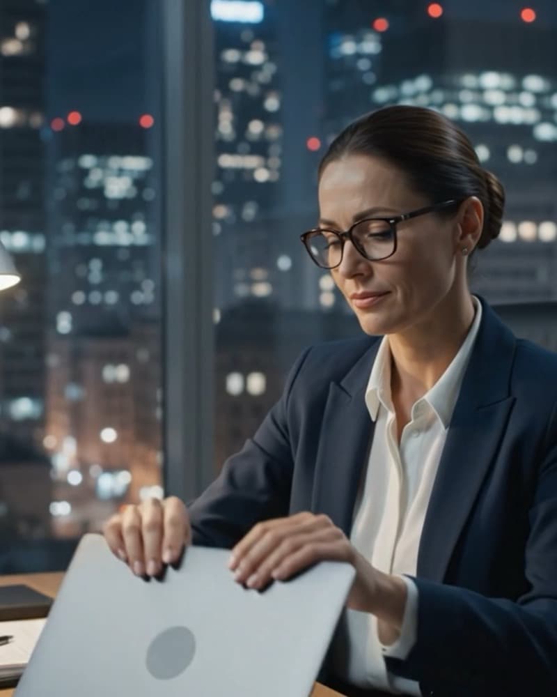 A compliance officer opening her laptop to start a review