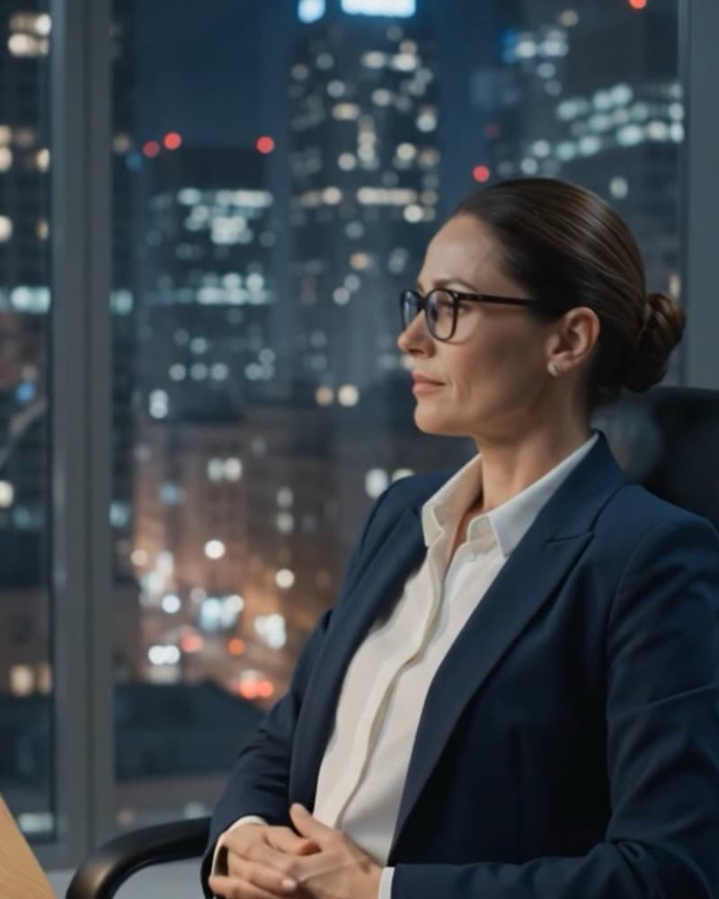 A firm leader seated by a window, weighing a decision