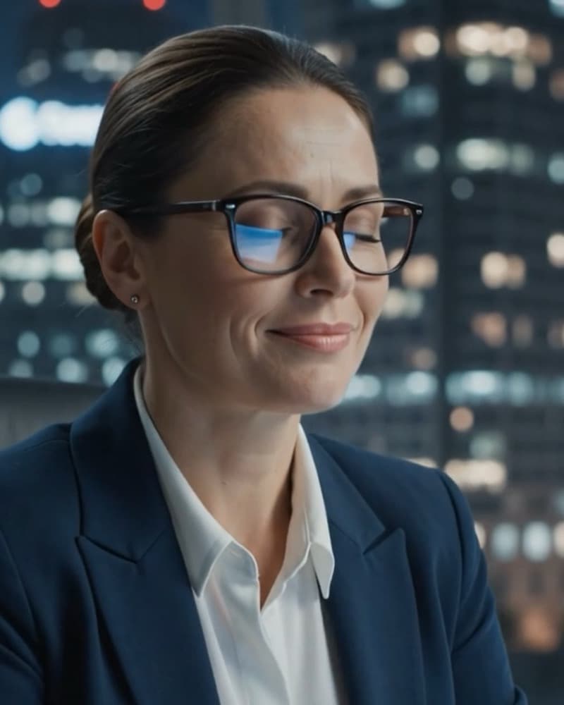 A compliance officer reviewing a report in the evening with the city behind her
