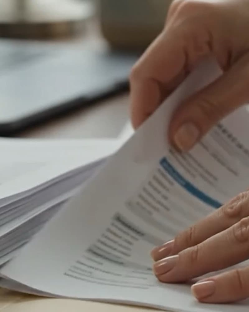 Hands working through a stack of pages